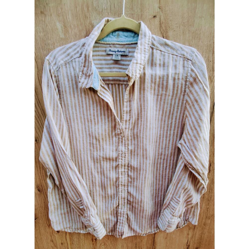 Tommy Bahama 100% Linen Striped Button Down Shirt Old Money Resort Coastal‎ SZ L